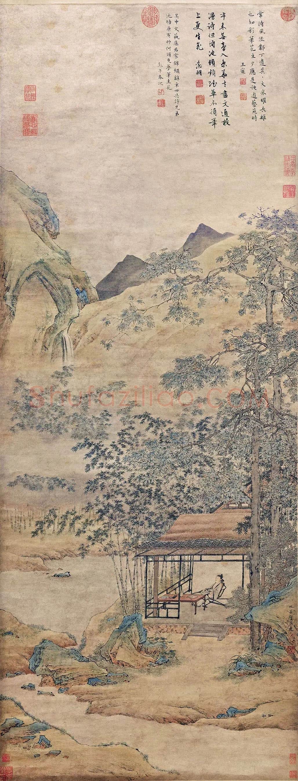 仇英青绿山水人物画《梧竹书堂图》轴