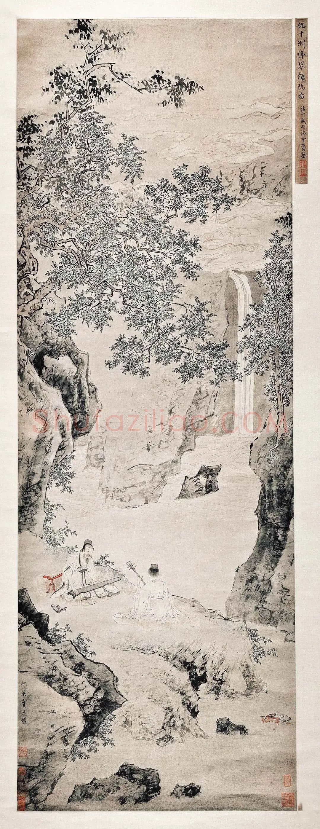 仇英山水人物画《停琴听阮图》