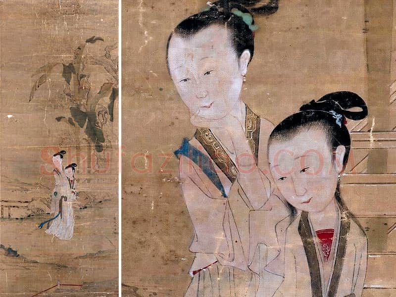仇英工笔仕女画《双美图》轴