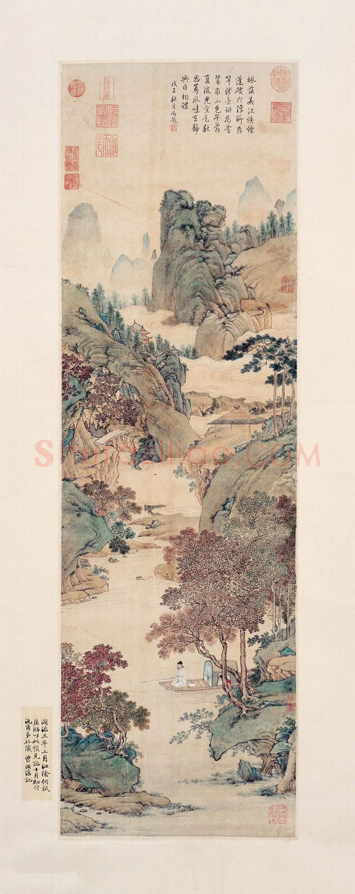 仇英青绿山水画《枫江垂钓图》