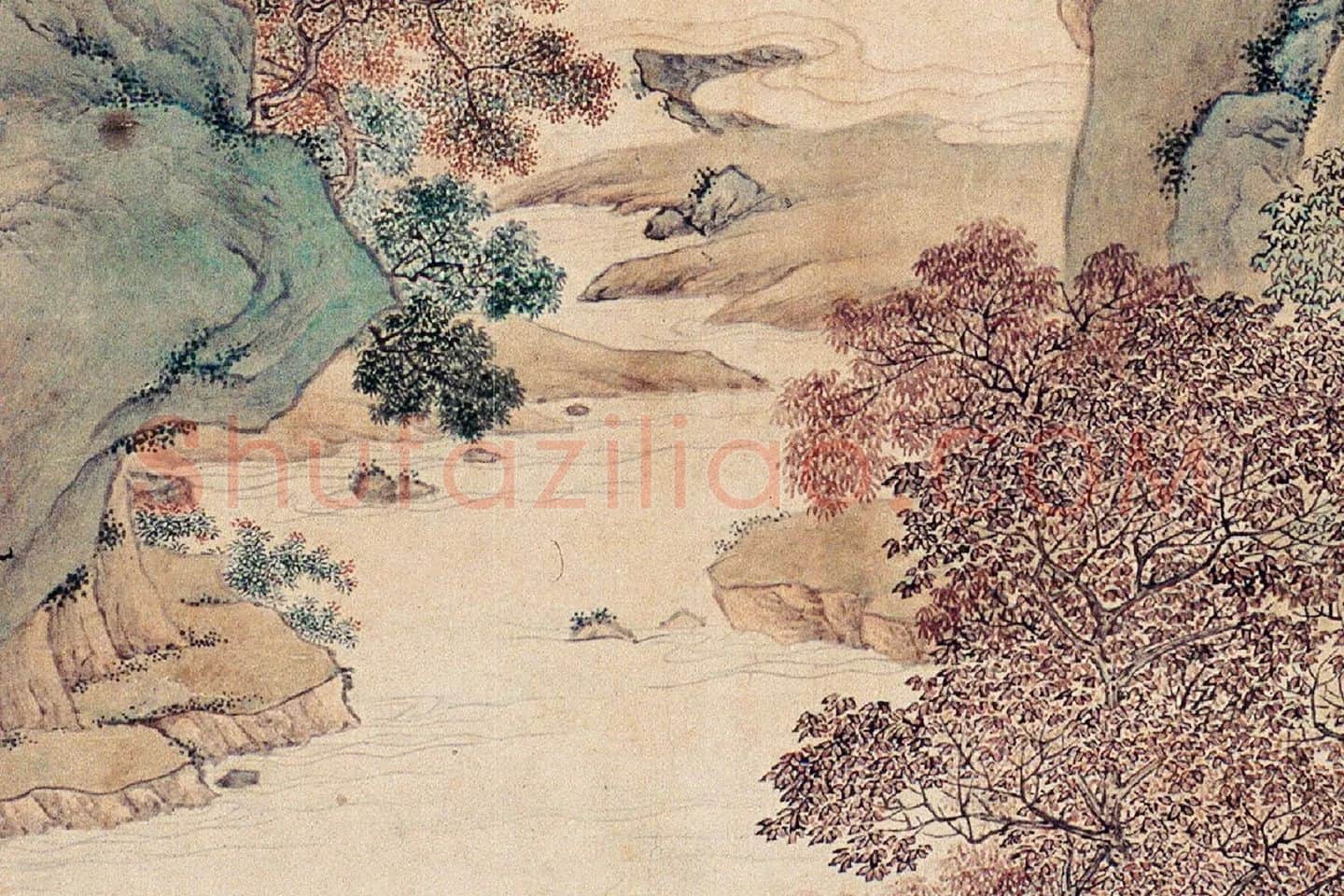 仇英青绿山水画《枫江垂钓图》局部 (3)