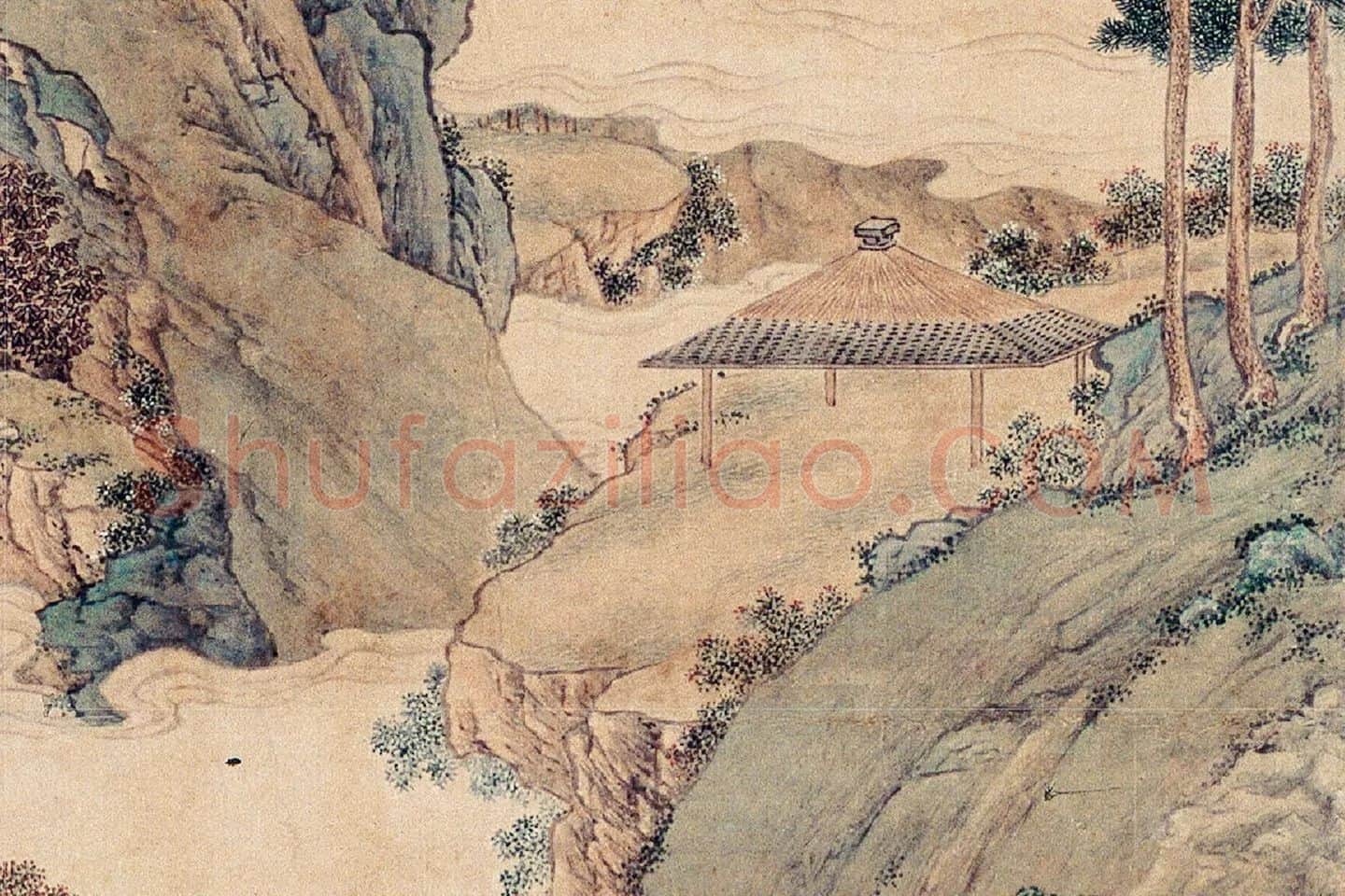仇英青绿山水画《枫江垂钓图》局部 (4)