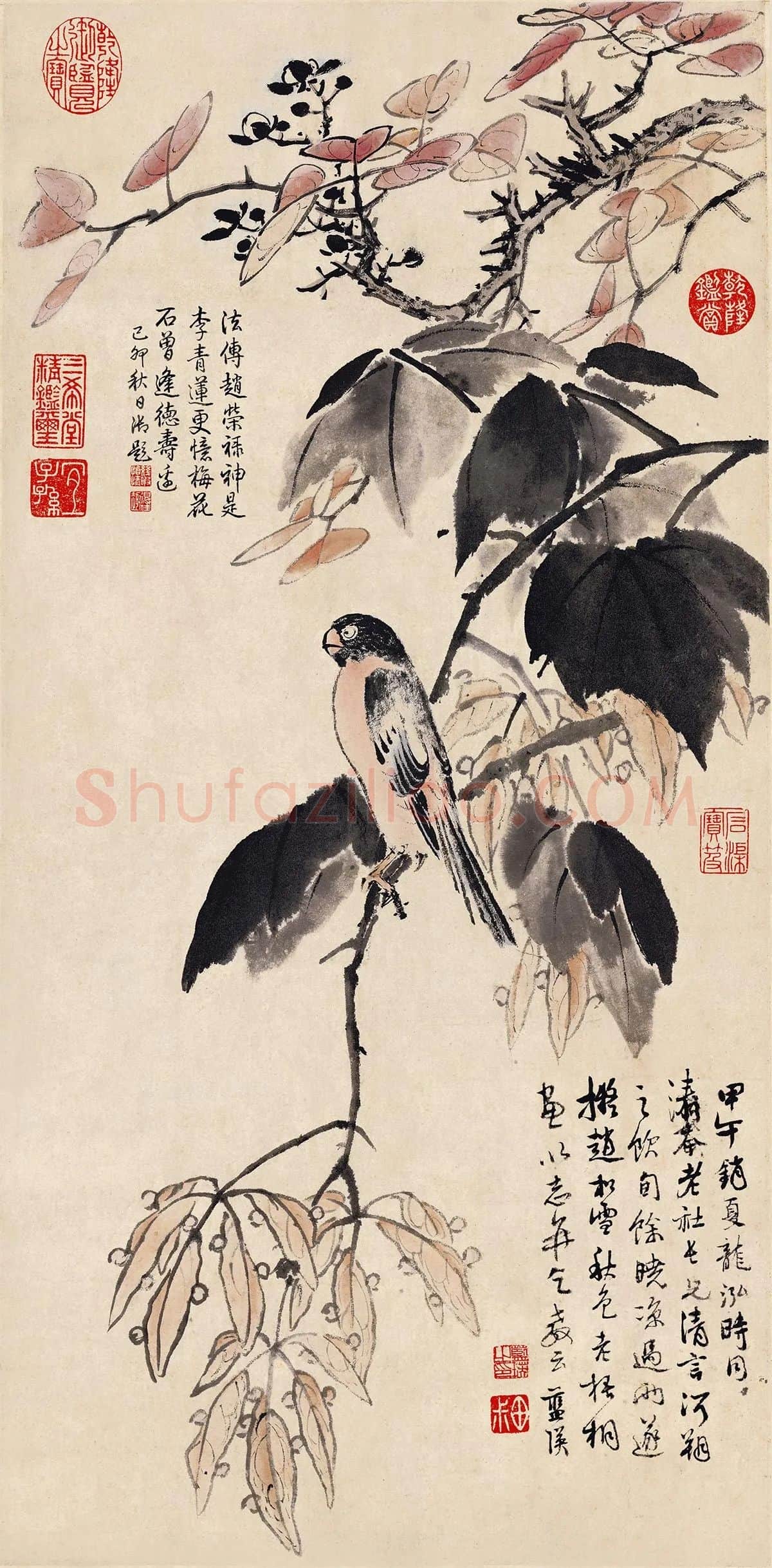 蓝瑛花鸟画《秋色梧桐图》