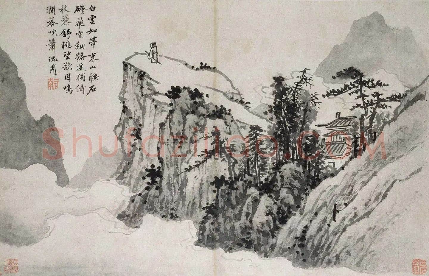 沈周水墨山水《杖藜远眺图》