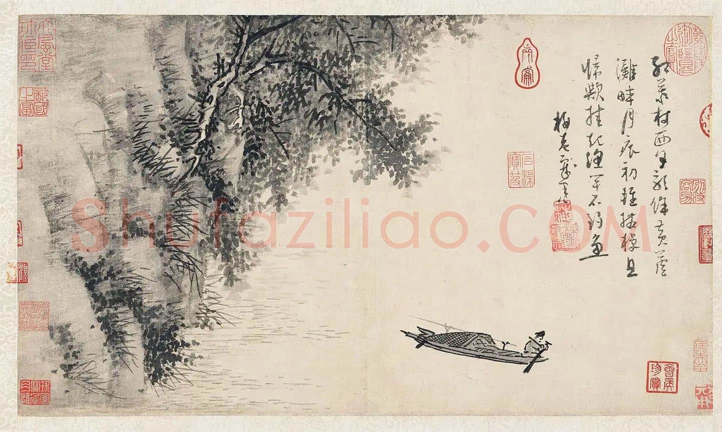 吴镇水墨山水《芦滩钓艇图》