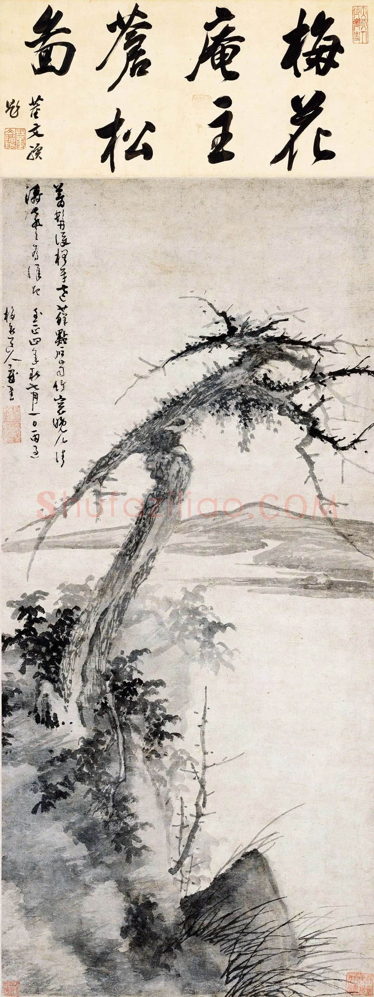 吴镇水墨画《松石图》轴