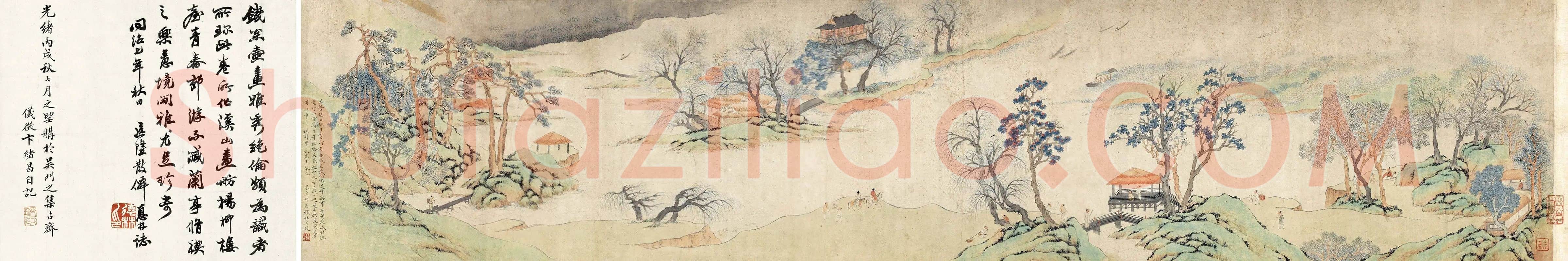 钱杜小青绿山水画《天池修褉图》