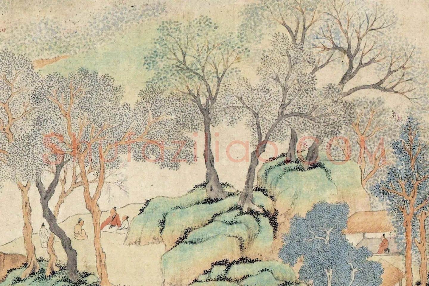 钱杜小青绿山水画《天池修褉图》局部 (1)