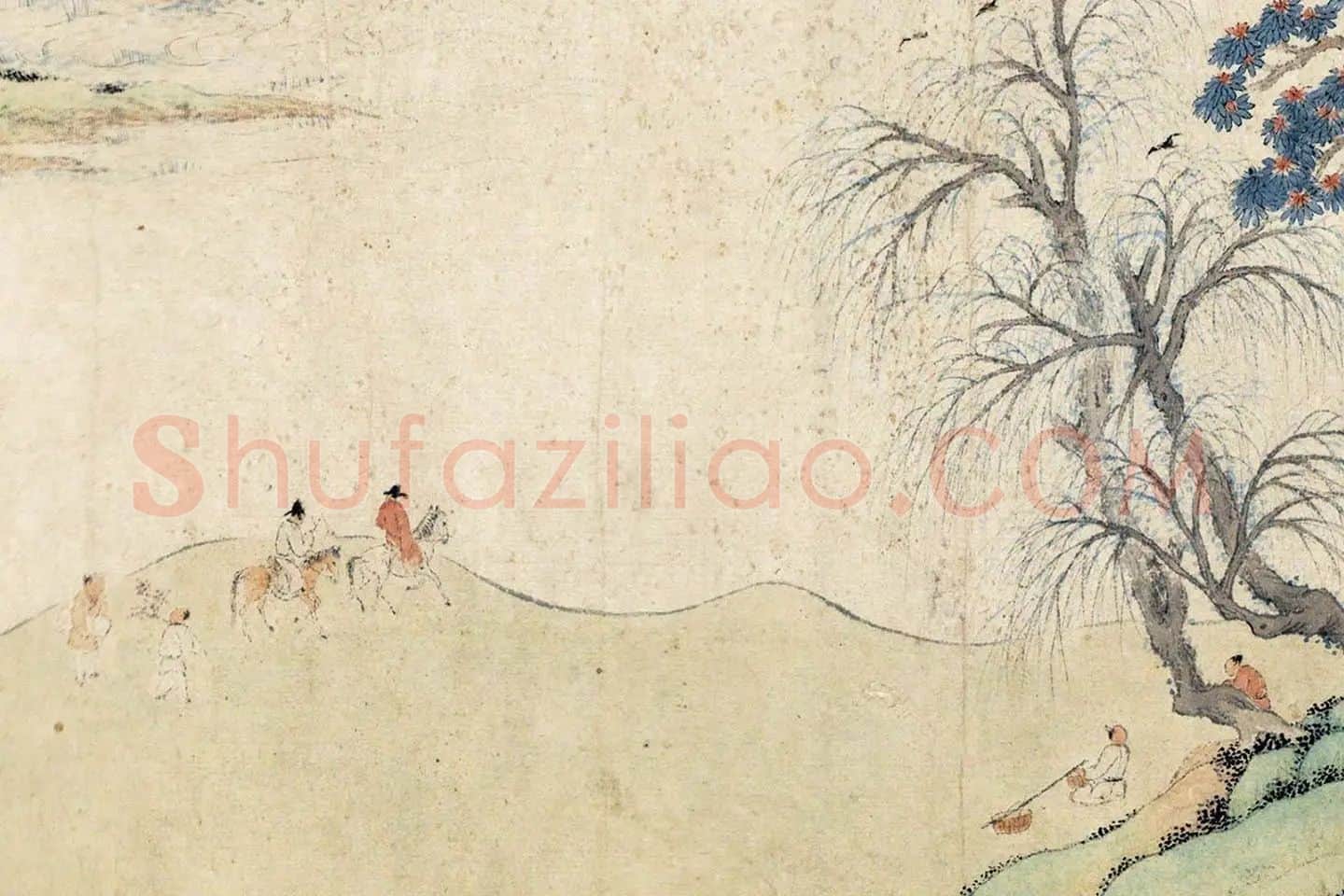 钱杜小青绿山水画《天池修褉图》局部 (3)