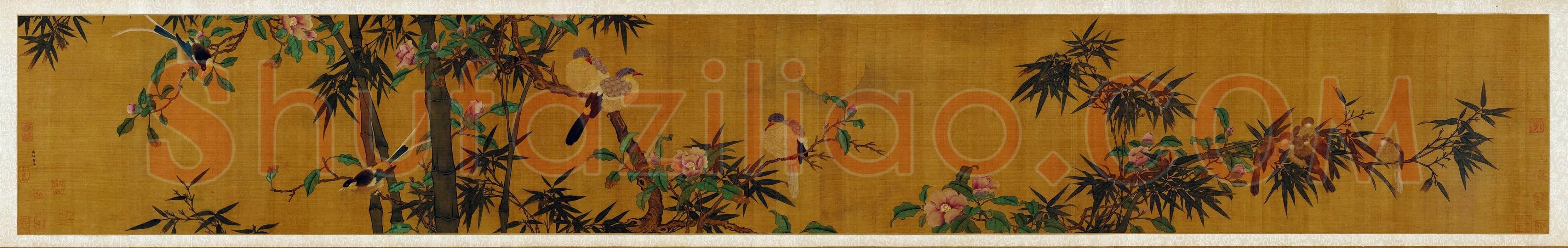 传黄筌花鸟画《翠竹仙禽图》卷