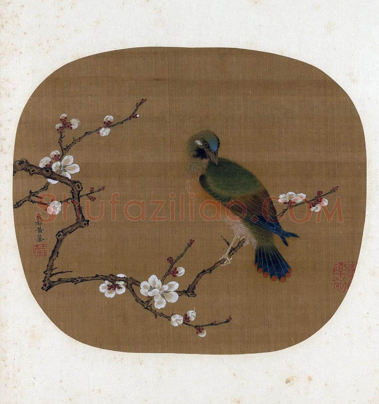 黄筌工笔花鸟画《白梅山鸟图》团扇页