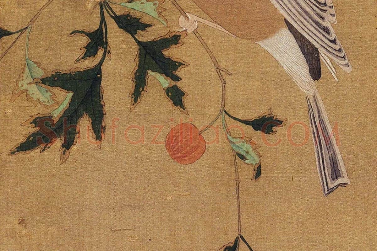 黄筌工笔花鸟《山禽得子图》局部 (2)