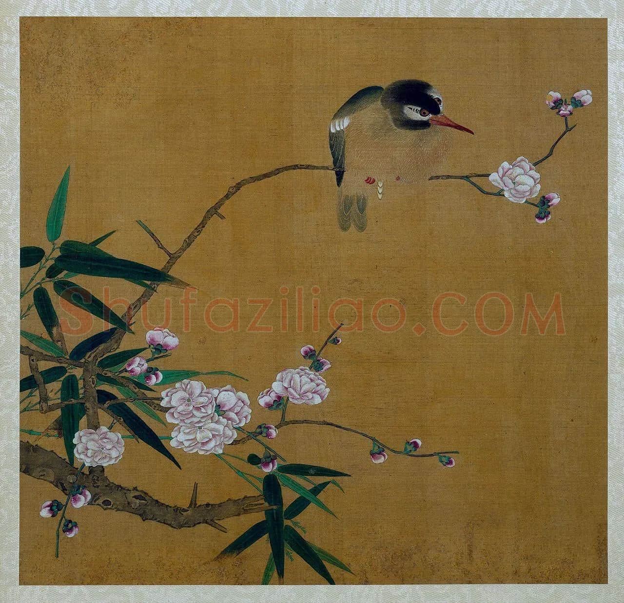 黄筌工笔花鸟画《碧桃翠鸟》