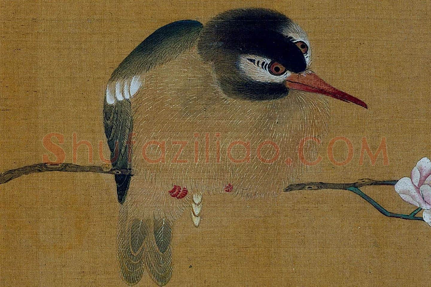 黄筌工笔花鸟画《碧桃翠鸟》局部 (1)