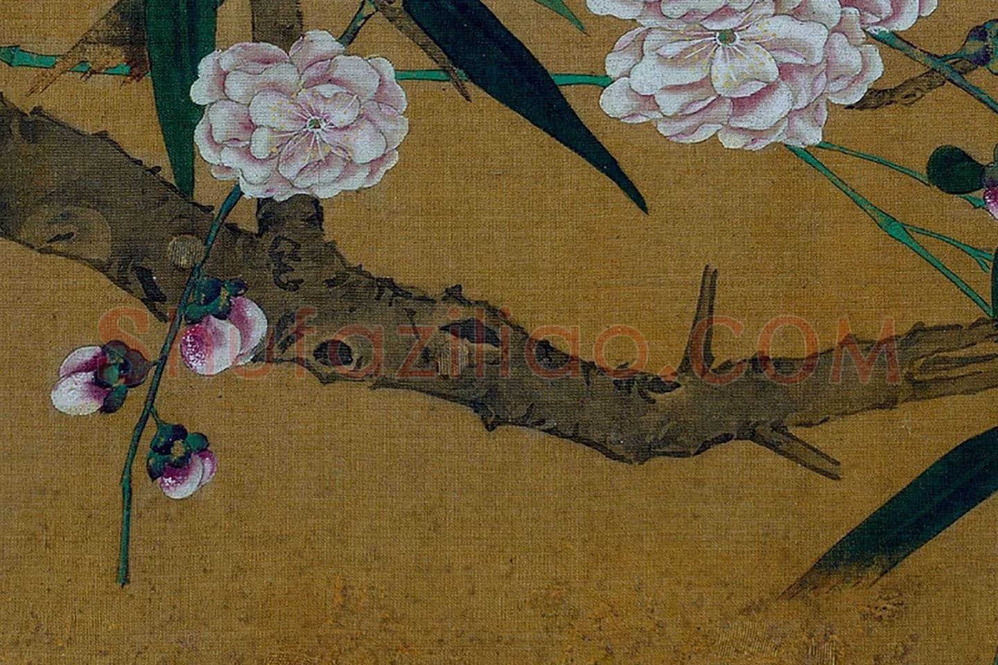 黄筌工笔花鸟画《碧桃翠鸟》局部 (3)