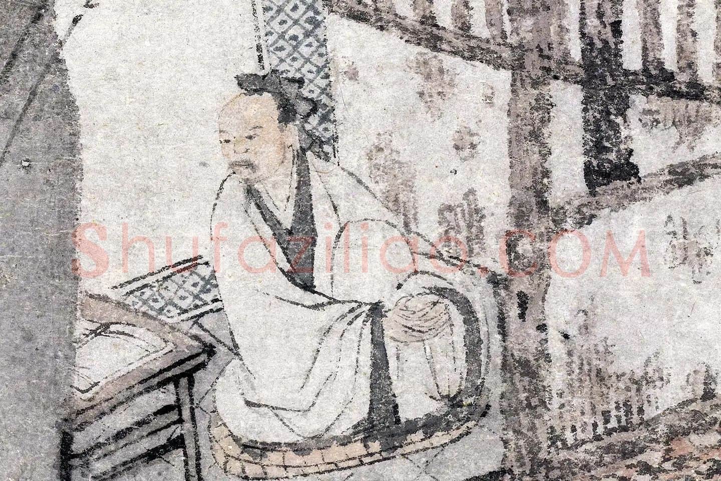 唐寅山水人物画《茅屋蒲团图》局部 (1)