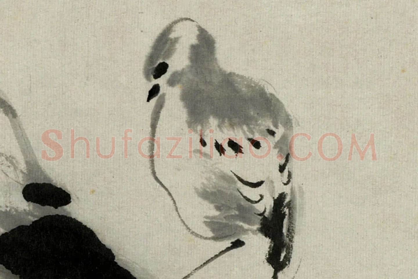 朱耷写意水墨画《雀石》局部 (1)