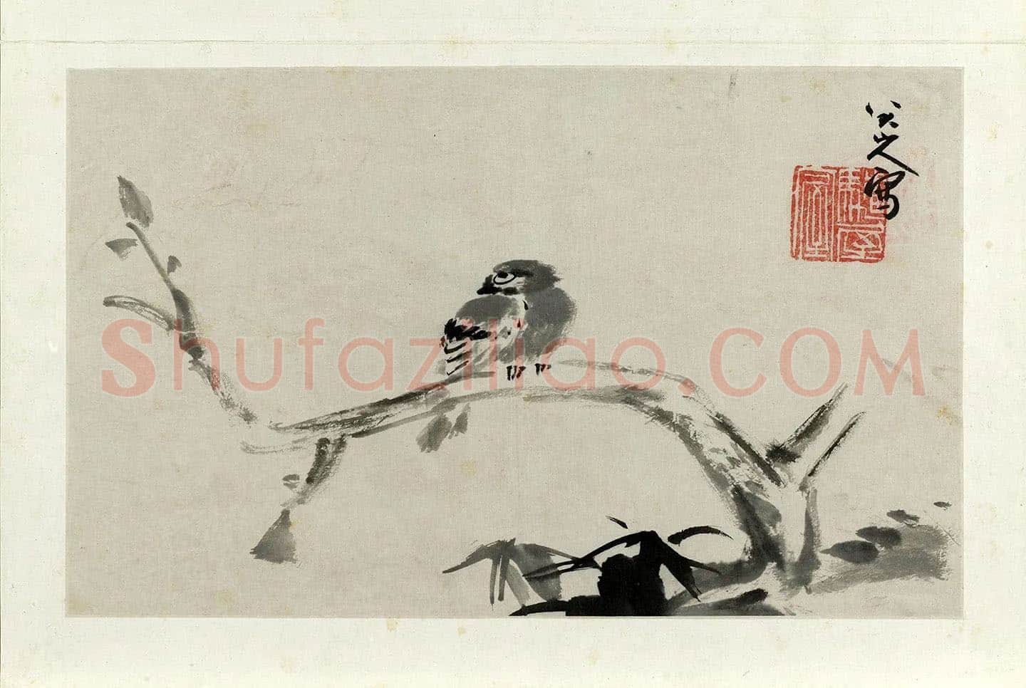 朱耷写意水墨画《枯木寒雀图》页