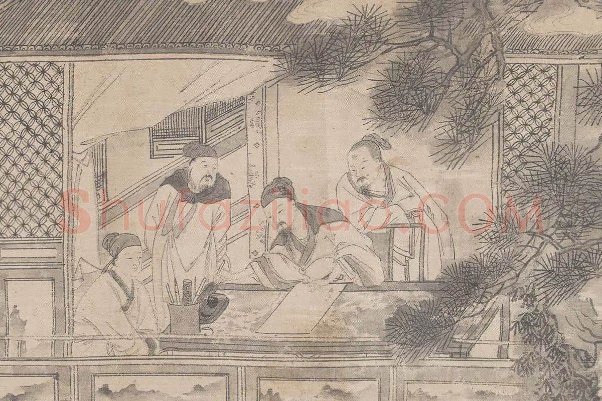 钱贡山水人物画书画合璧长卷《兰亭诗序图卷》局部 (3)