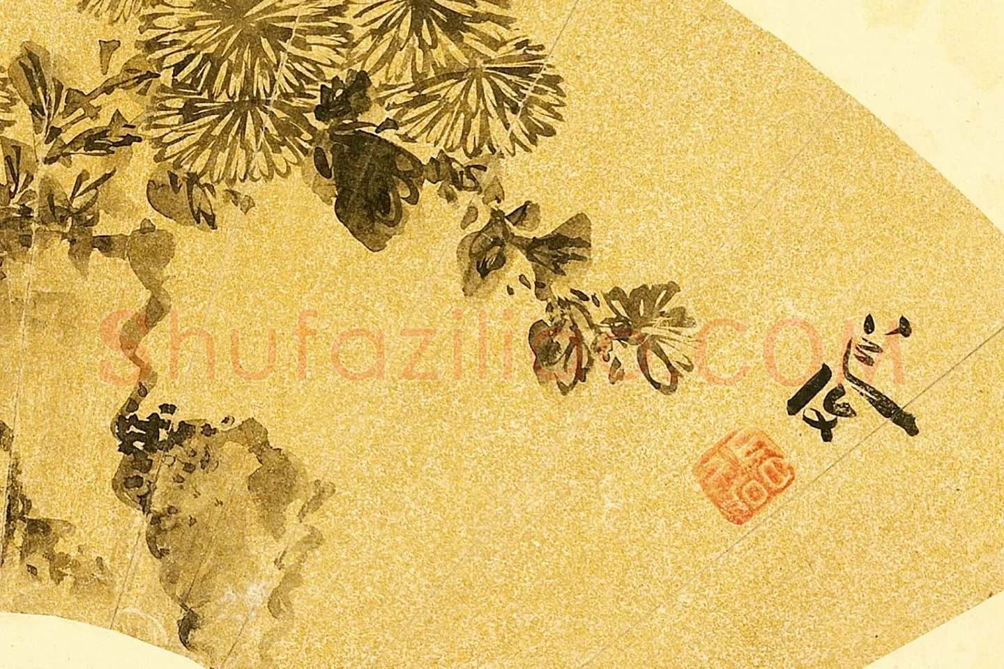 陈淳水墨画《菊石图》扇面局部 (2)