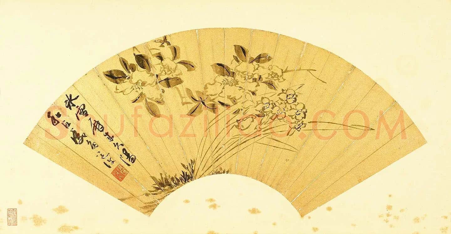 陈淳花卉画《水仙茶花》扇面
