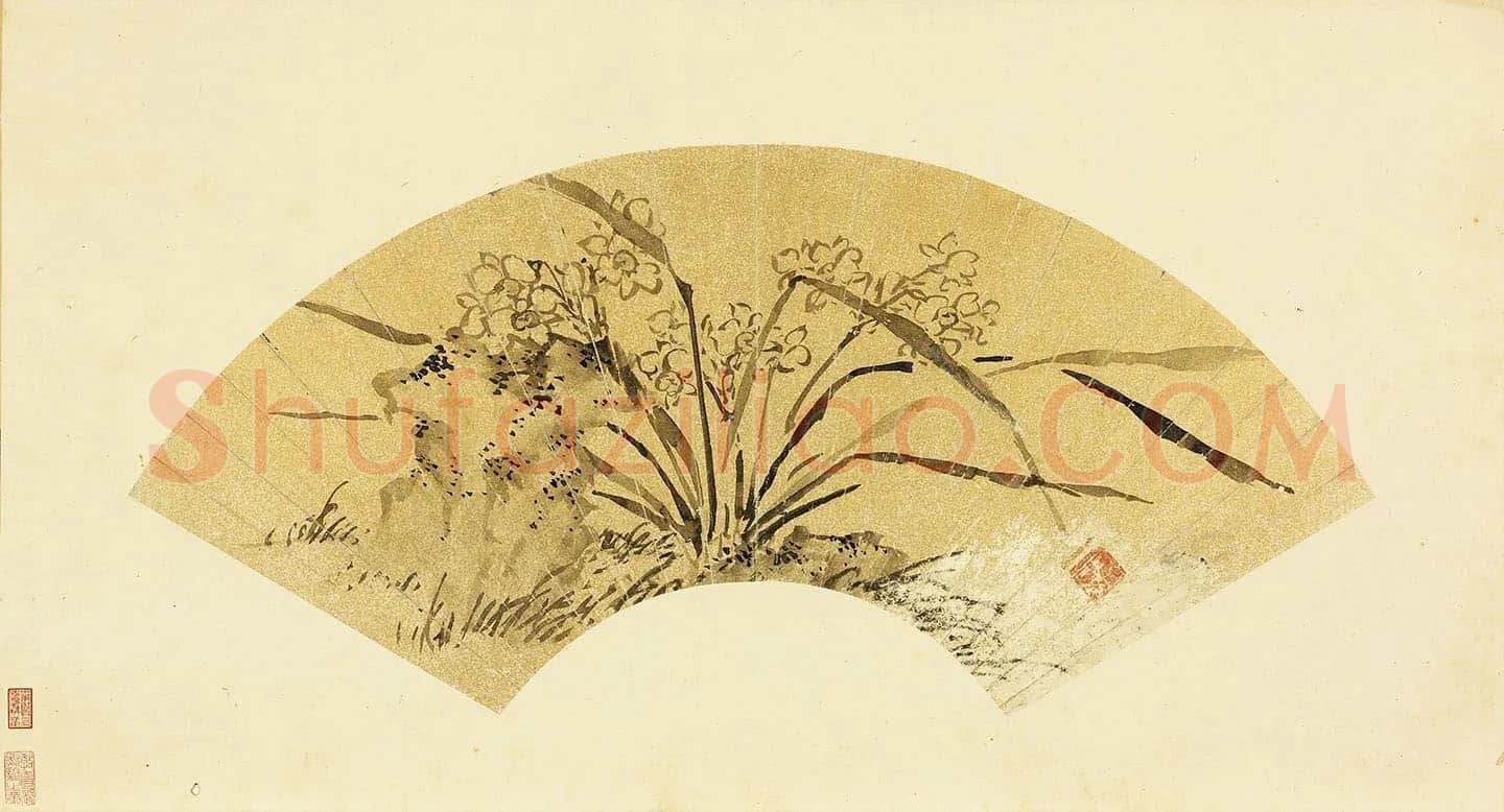 陈淳水墨《水仙》扇面页