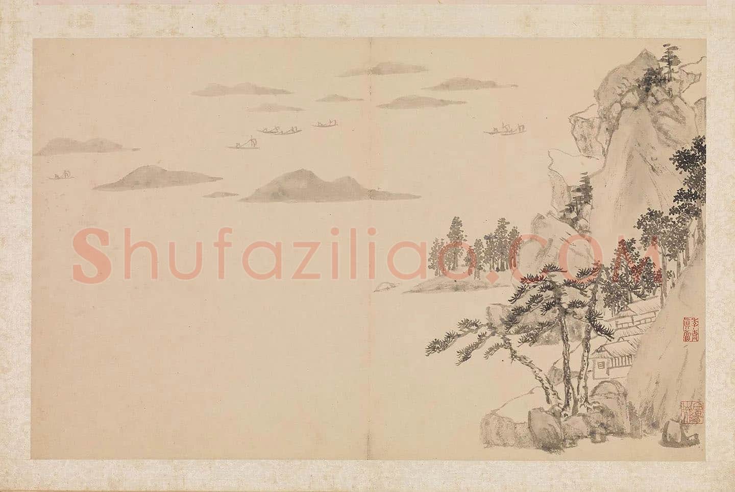 陈淳山水画《江帆远眺图》