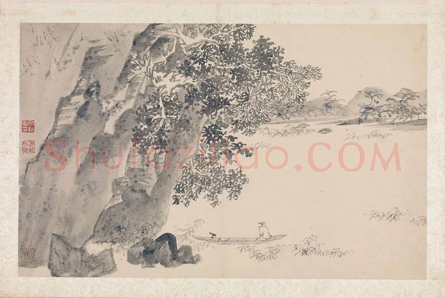 陈淳山水画《石壁舣舟图》