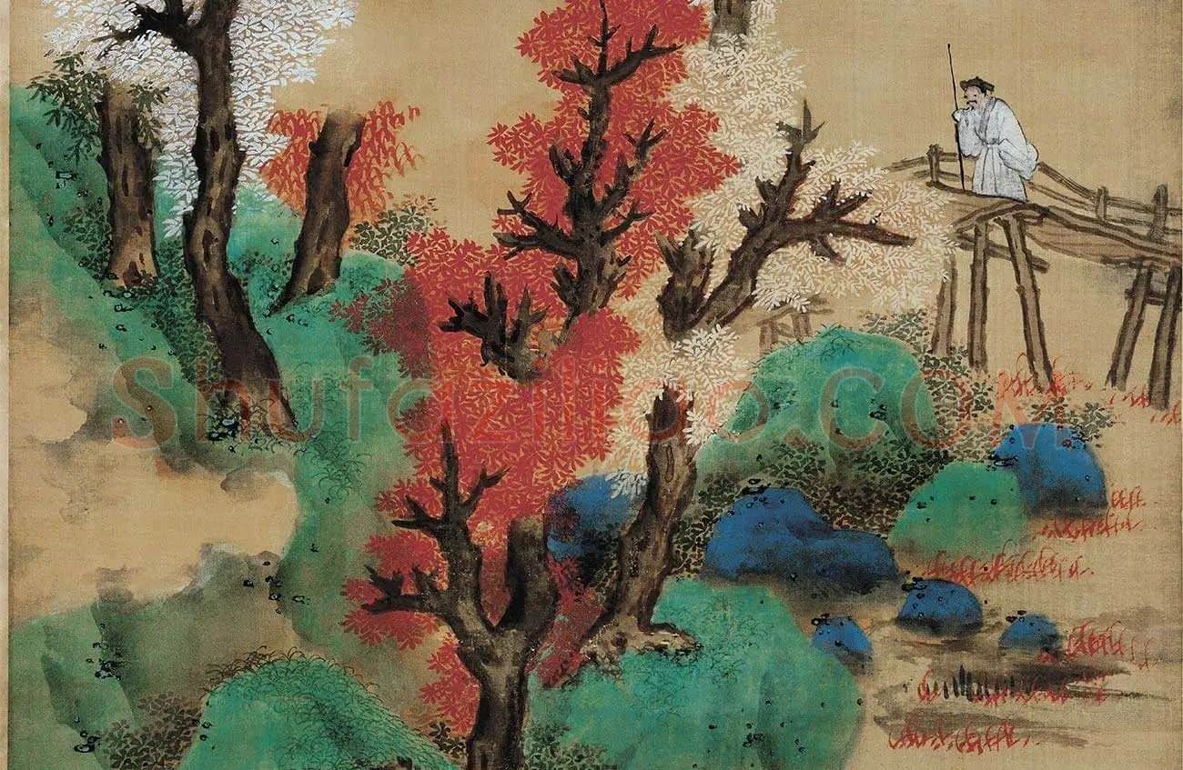 蓝瑛青绿山水《白云红树图》_05