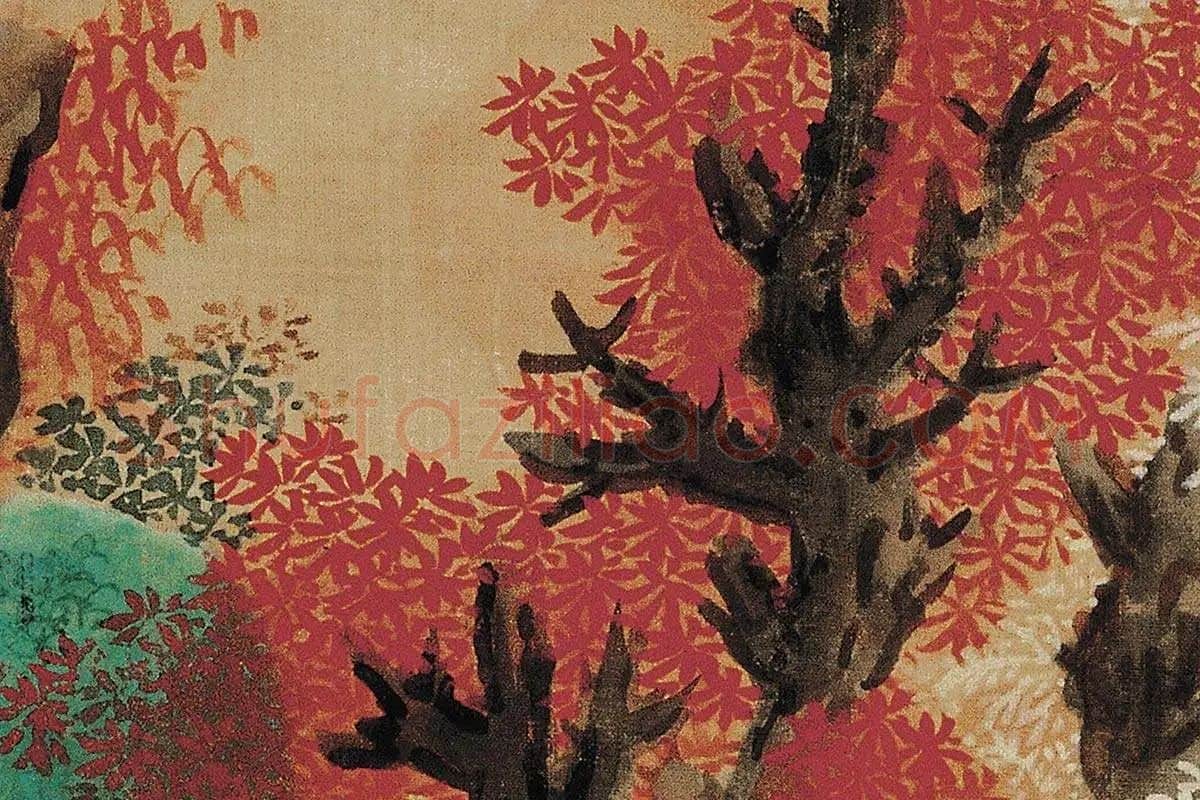 蓝瑛青《白云红树图》高清大图局部细节 (3)