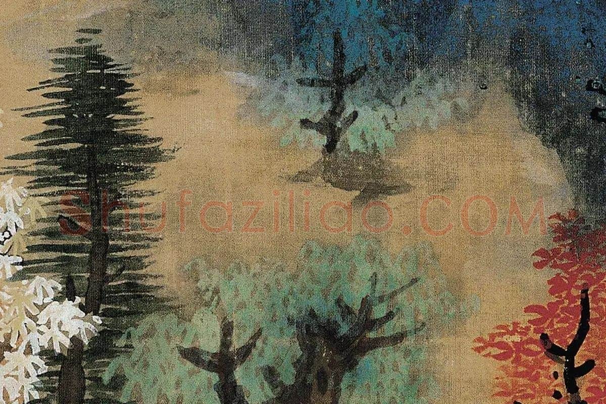 蓝瑛青《白云红树图》高清大图局部细节 (9)