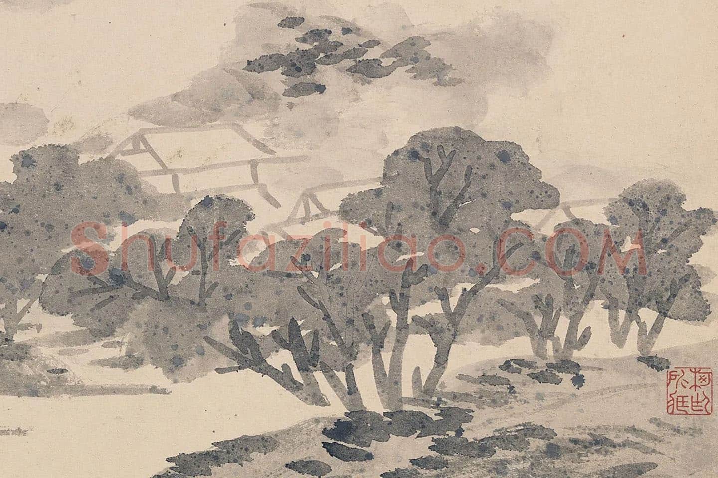 陈淳写意水墨山水画《空林积雨图》局部 (2)