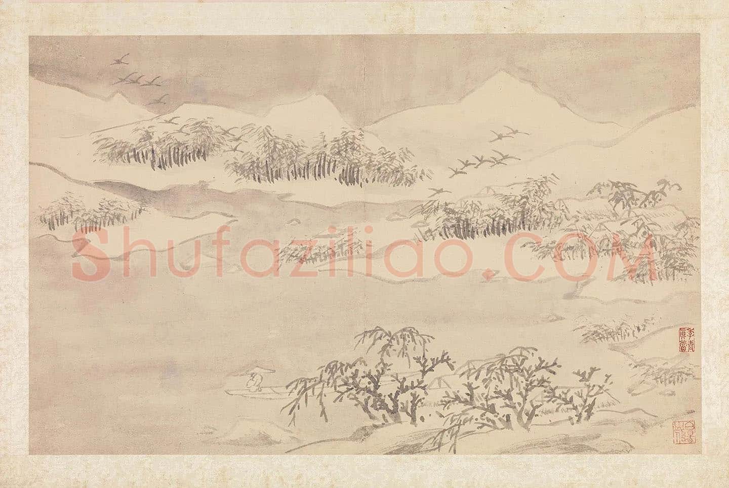 陈淳雪景山水画《雪浦归鸦图》