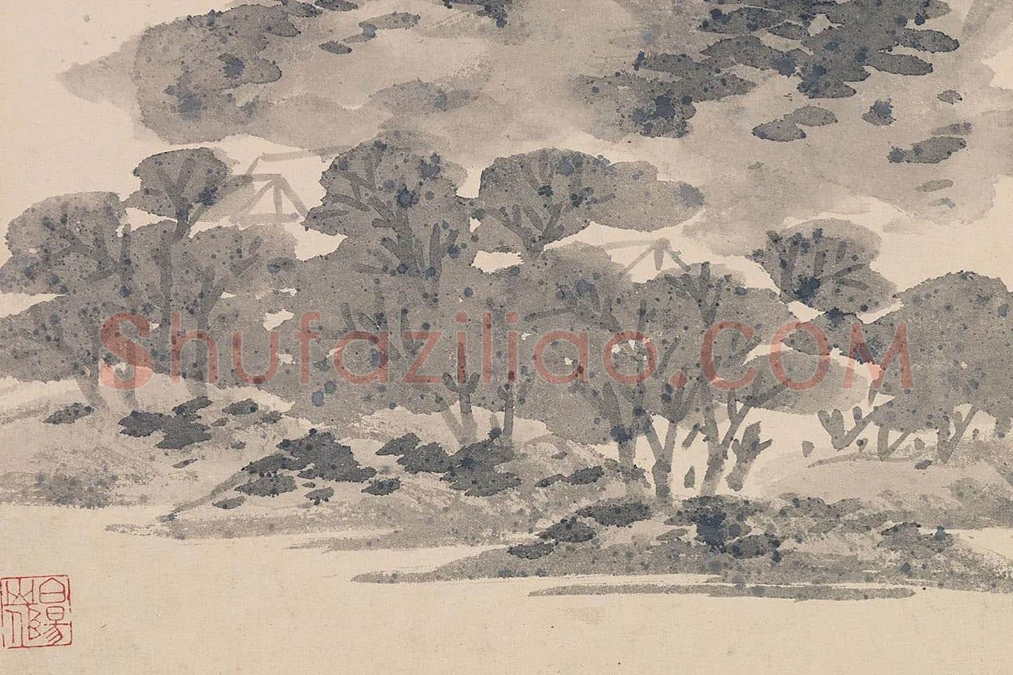 陈淳写意水墨山水画《空林积雨图》局部 (3)