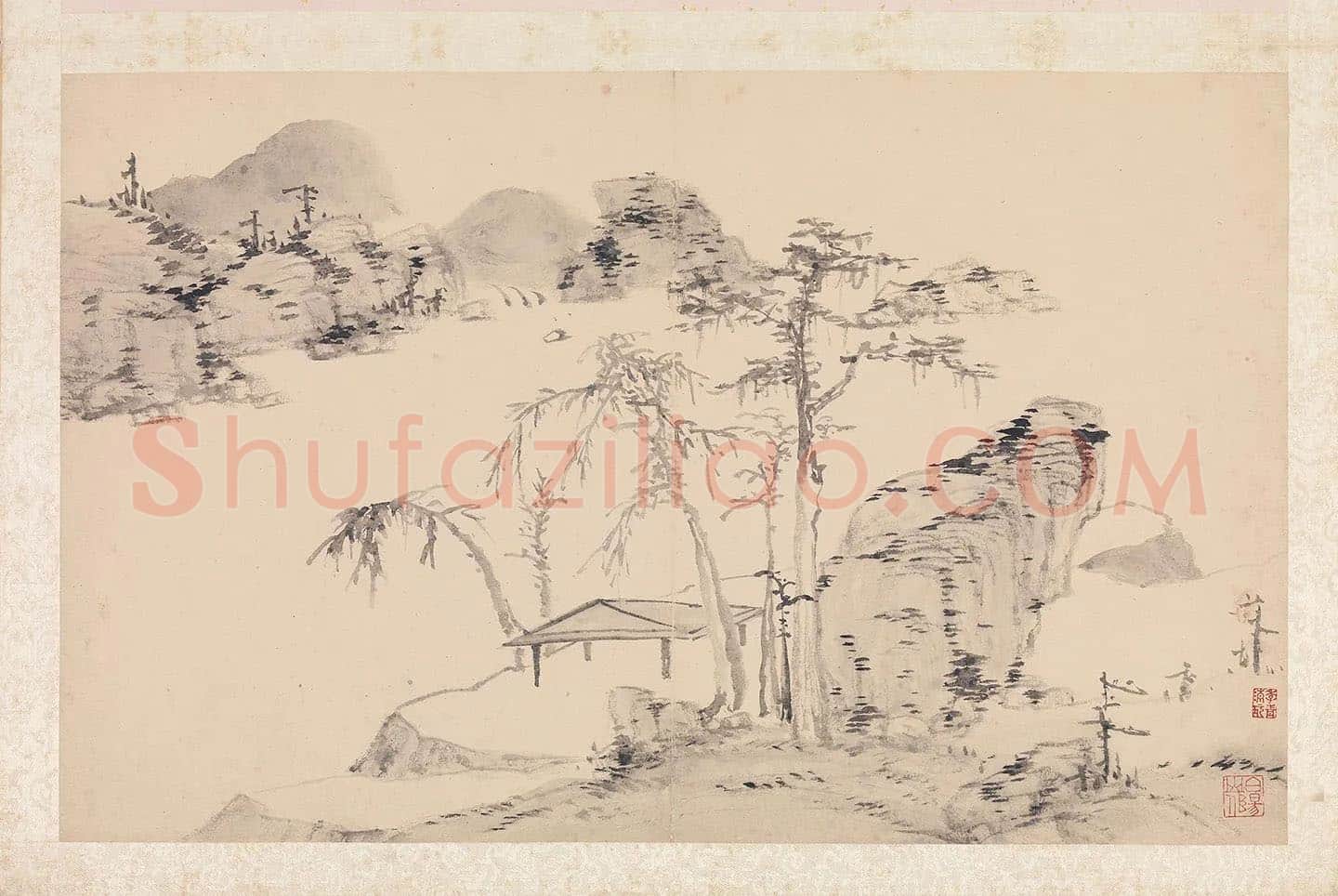 陈淳山水画《疏树闲亭图》