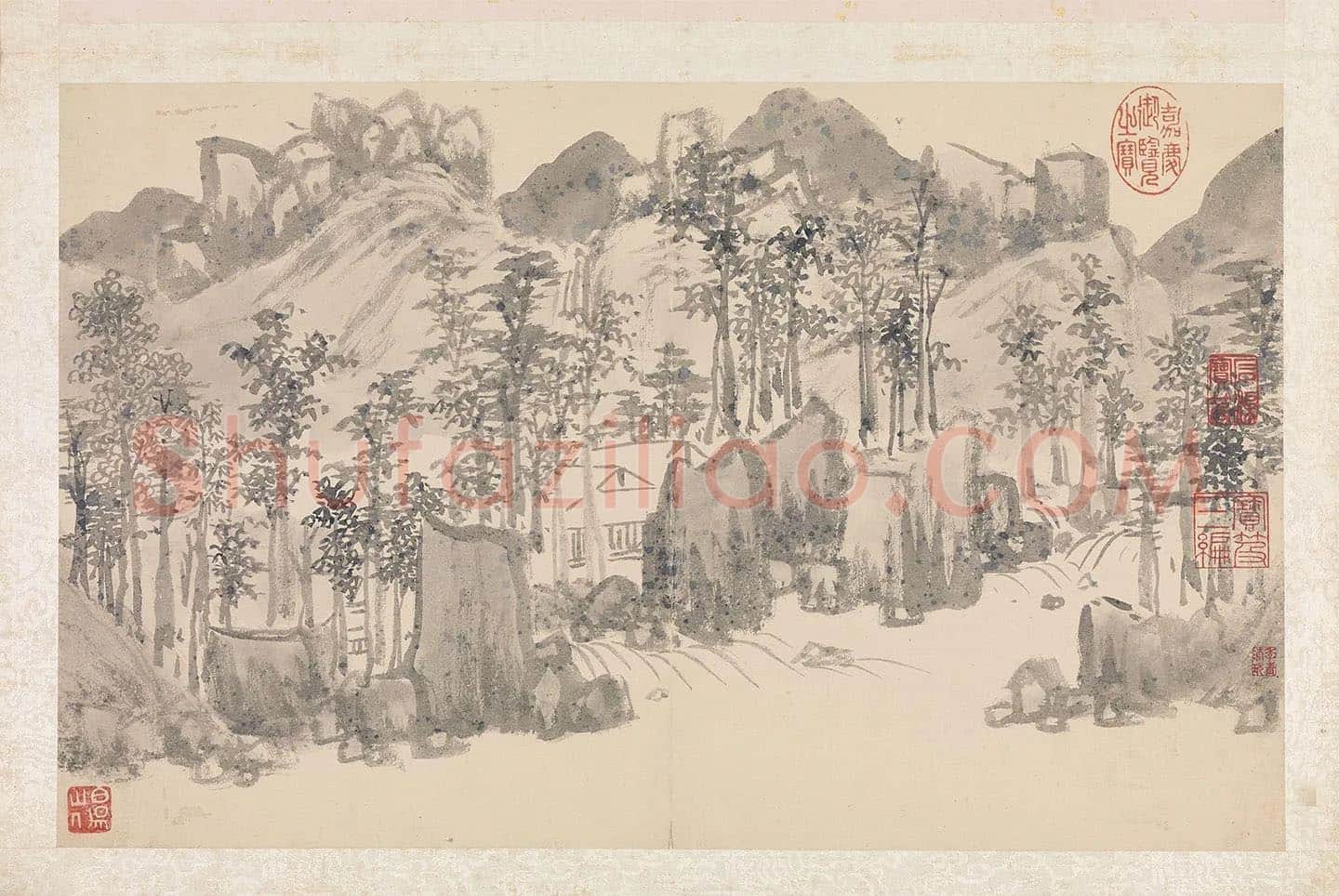 陈淳山水画《层岩丛木图》
