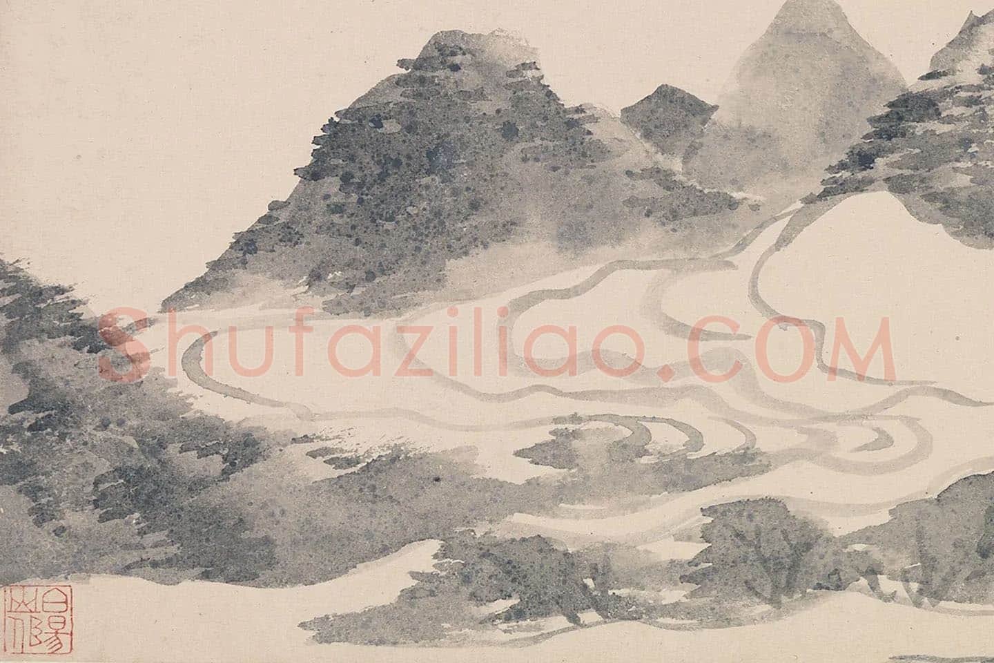 陈淳水墨山水画《云峰湿翠图》局部 (3)