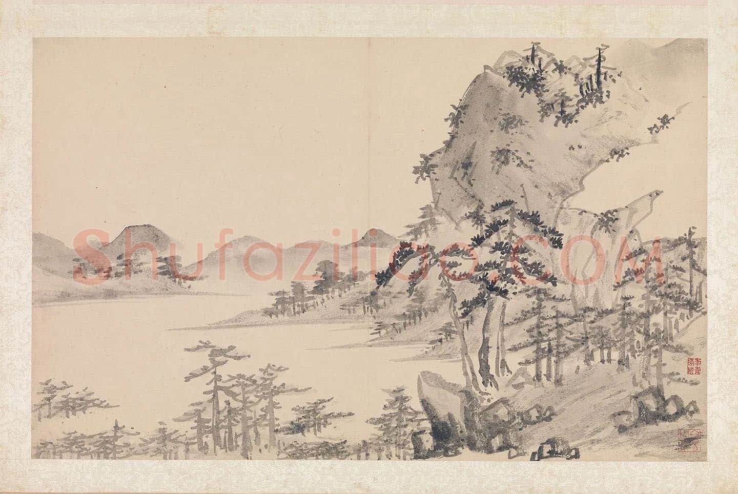 陈淳水墨山水画《岩松浮霭图》