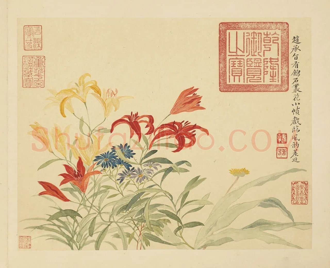 恽寿平工笔没骨花卉《锦石丛花》