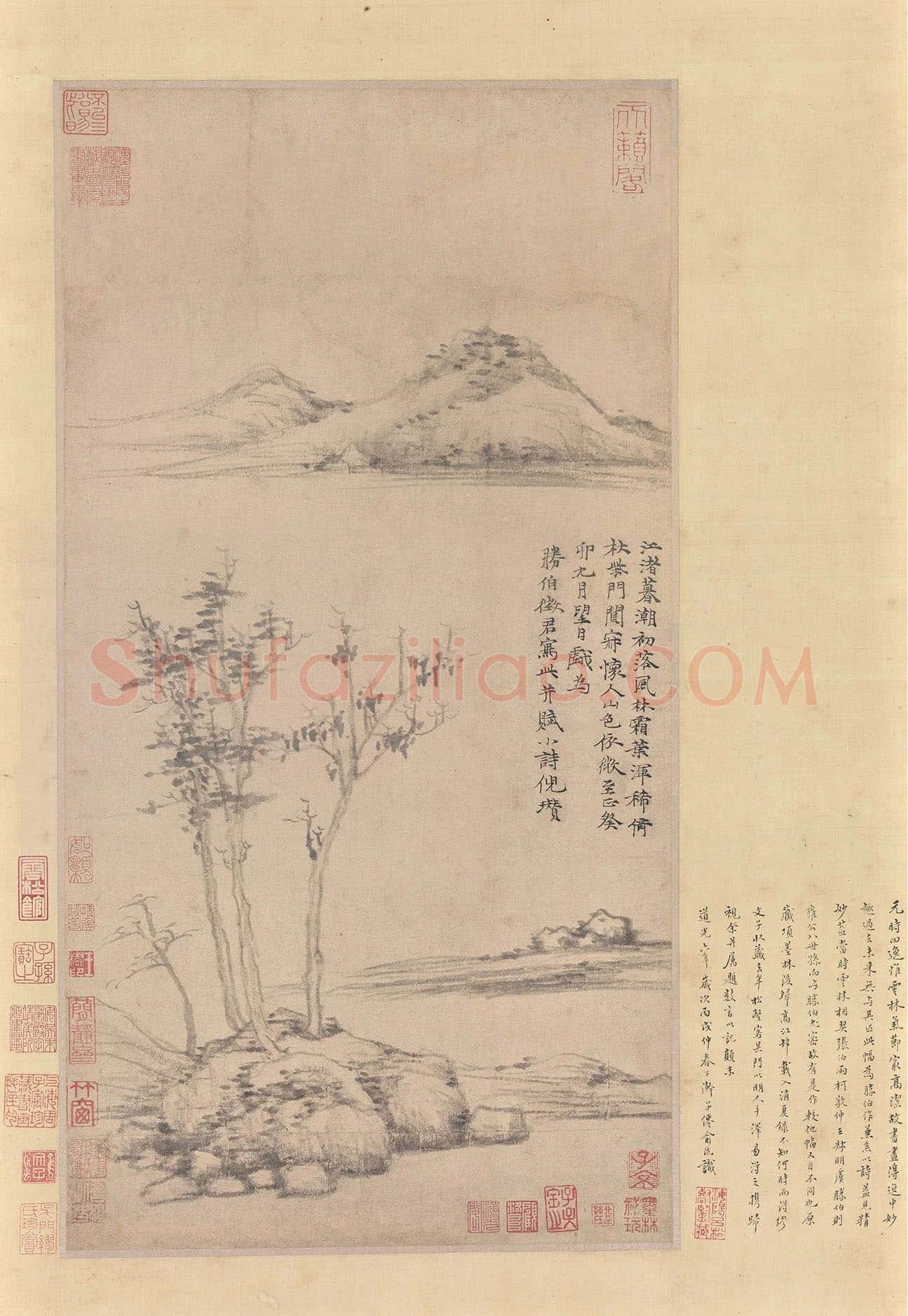 倪瓒山水画《江渚风林图》轴