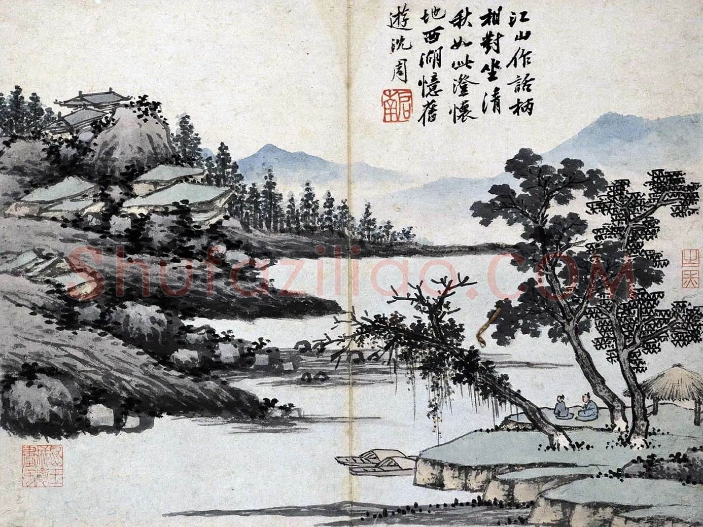 沈周水墨画山水《江山坐话图》