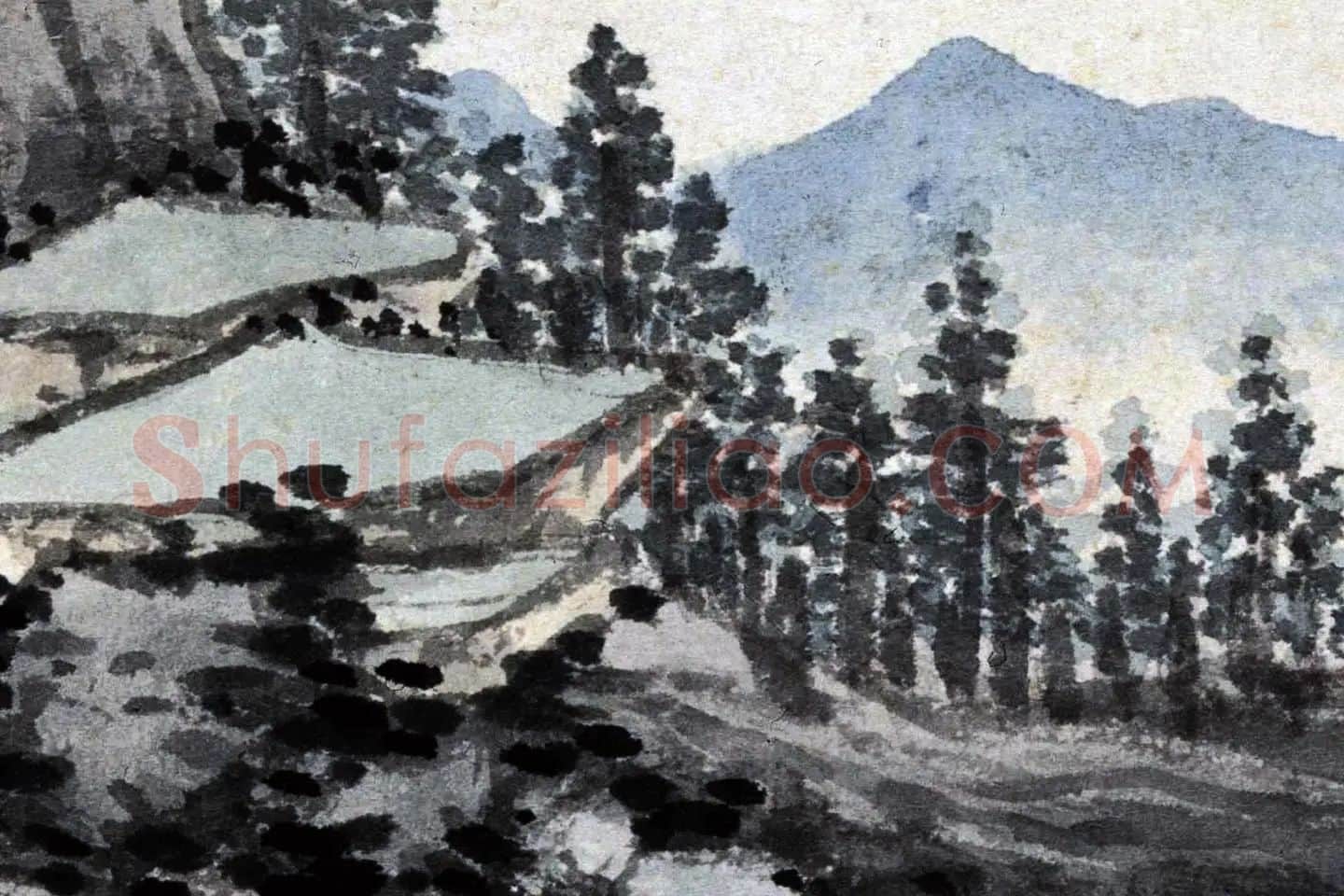 沈周水墨画山水《江山坐话图》高清大图局部 (4)