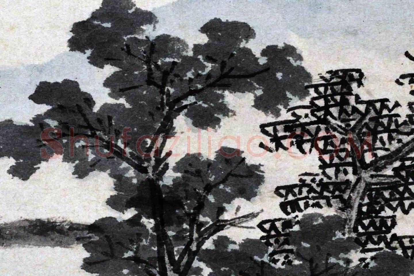 沈周水墨画山水《江山坐话图》高清大图局部 (6)