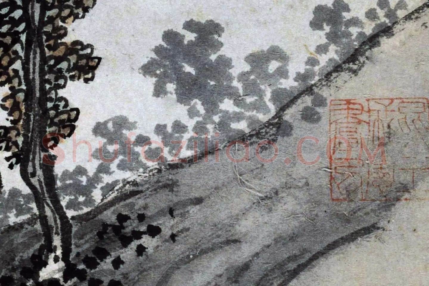 沈周水墨山水画《秋江钓艇图》高清大图局部 (2)