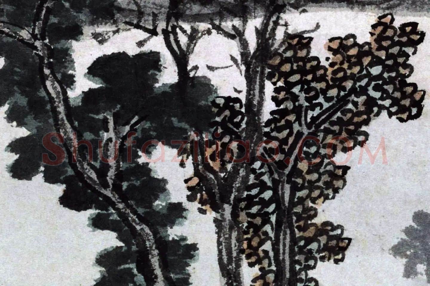 沈周水墨山水画《秋江钓艇图》高清大图局部 (4)
