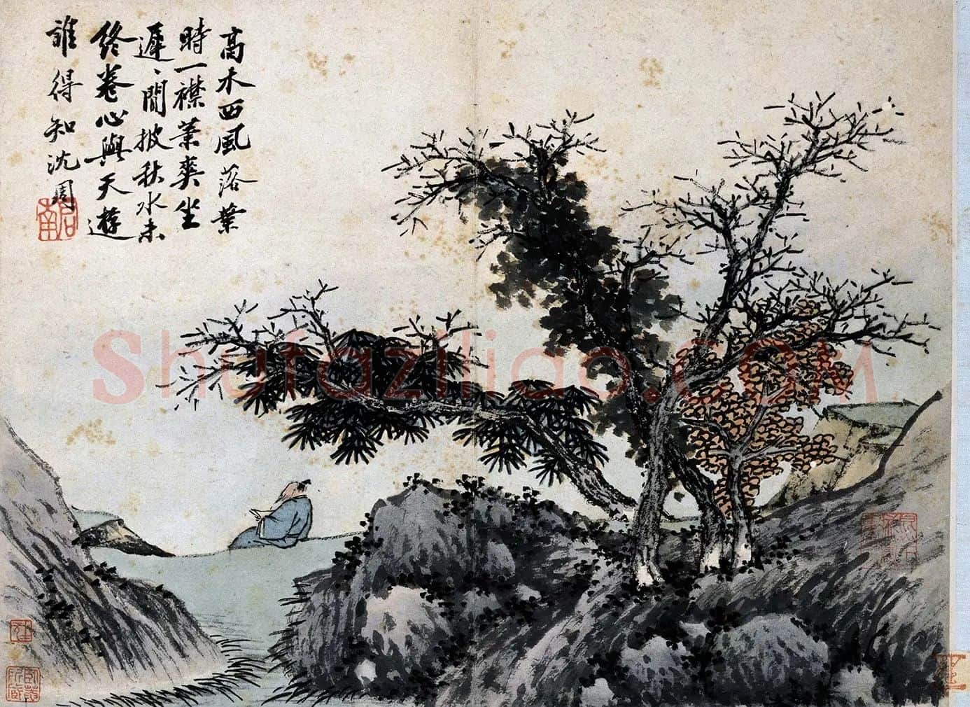 沈周山水人物画《秋山读书图》