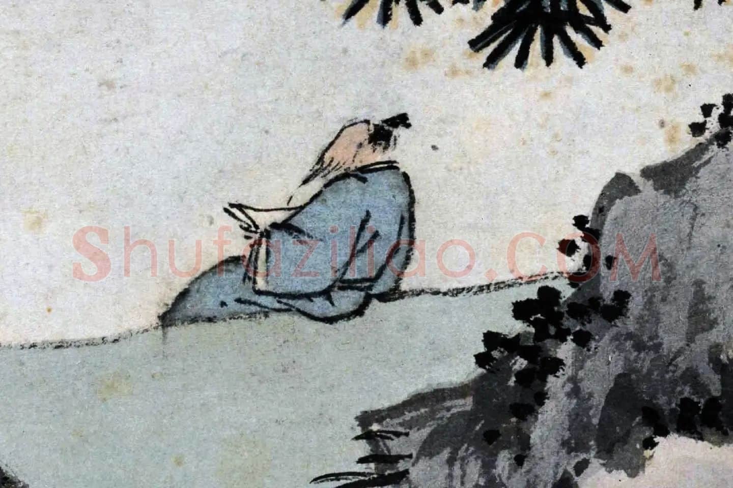 沈周山水人物画《秋山读书图》高清大图局部 (1)