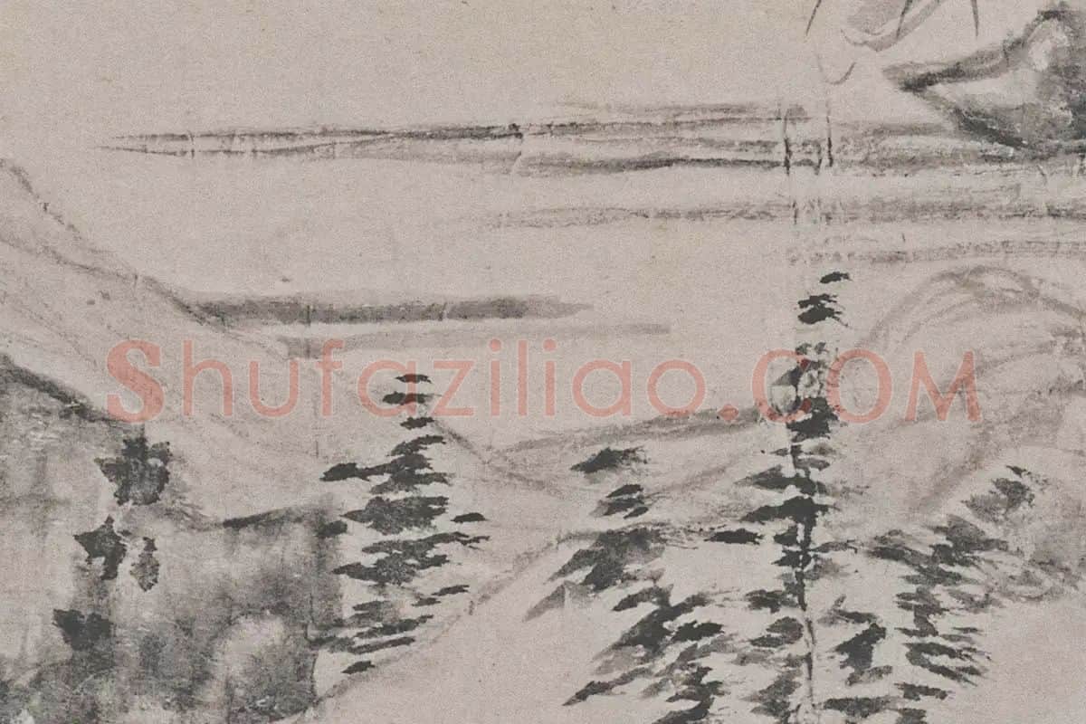 倪瓒山水画《秋亭嘉树图》高清大图局部细节 (3)