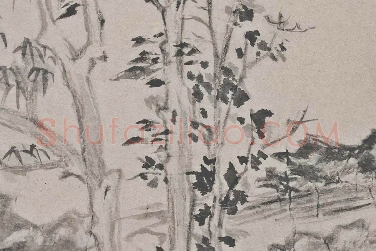 倪瓒山水画《秋亭嘉树图》高清大图局部细节 (5)