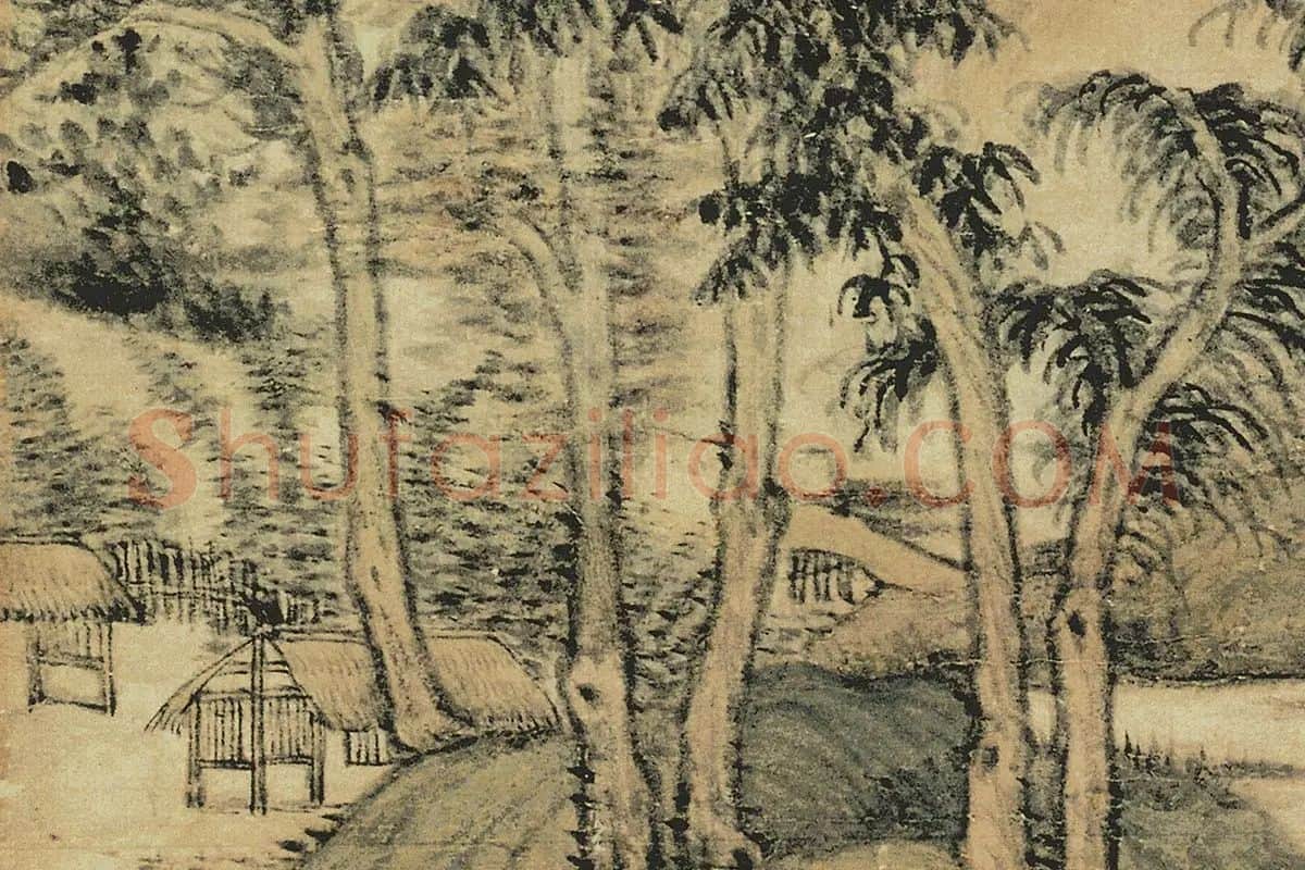 倪瓒山水画《水竹居图》高清大图局部细节 (3)